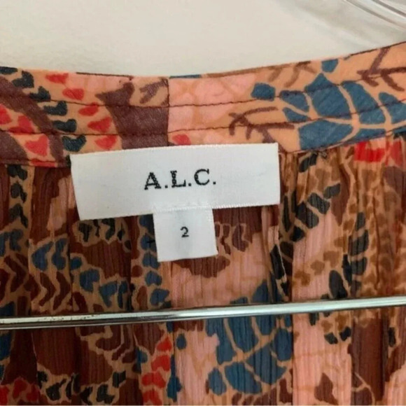 A.L.C. Flowing Paisley Long Sleeve Split Tie Neck Delphina Silk Blouse Brown 2 - Picture 5 of 13